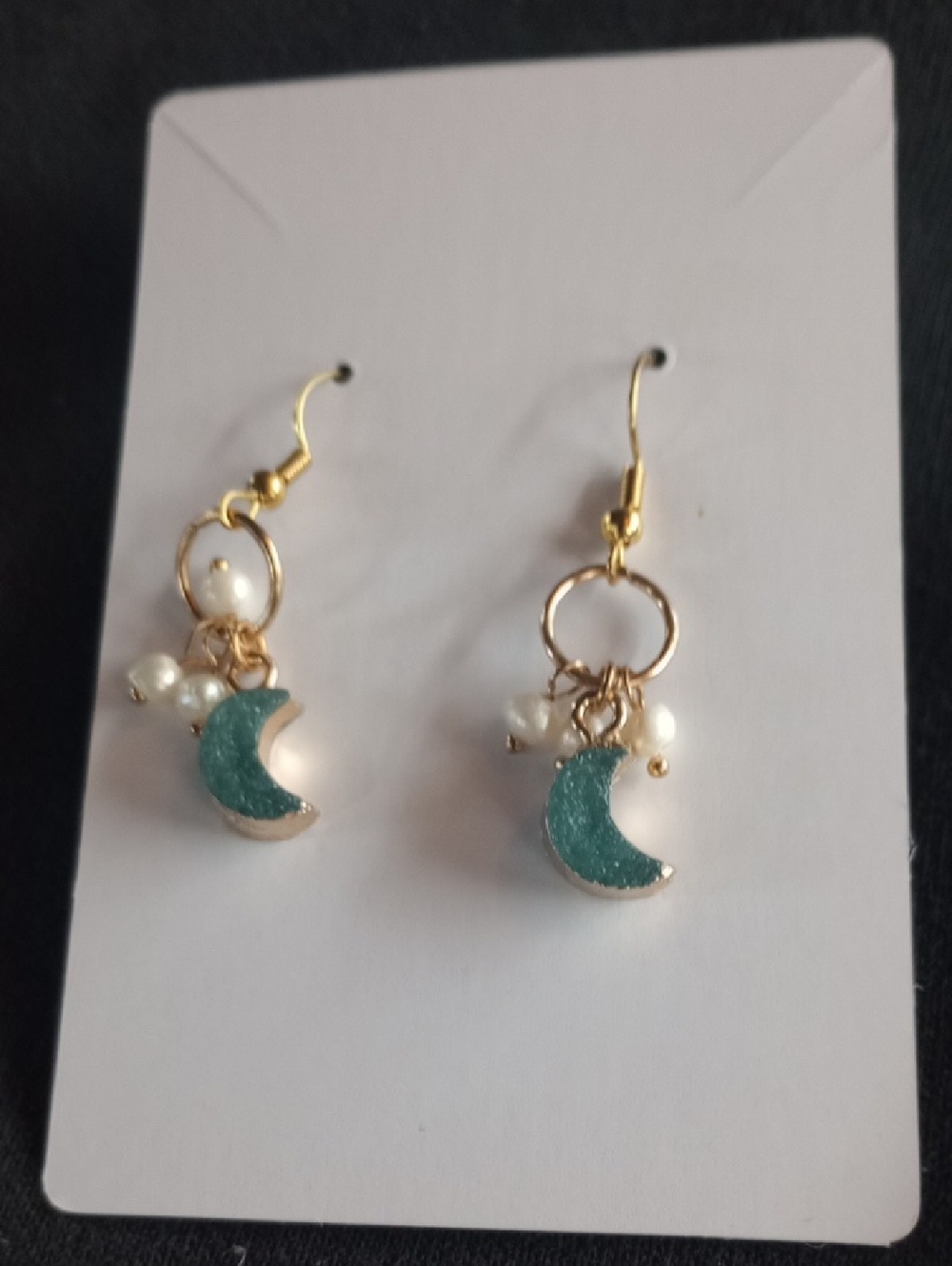 Hand Crafted Gold-Tone Earrings with Teal Crescent Moons and White Pearls